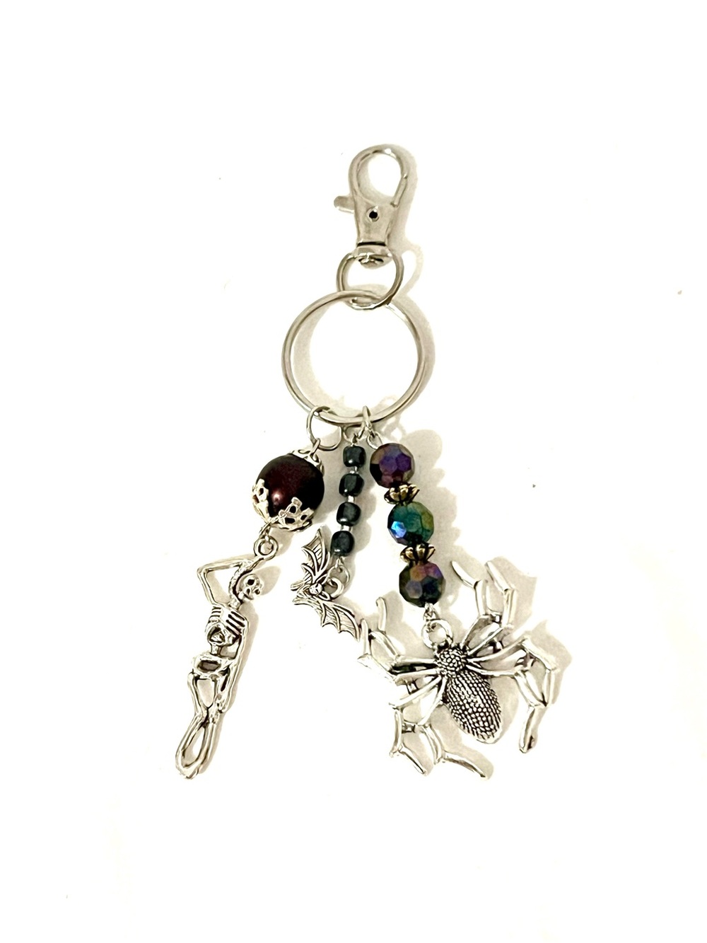 Gothic Halloween Charm Keychain Silver Spider Skeleton Bat Bead Spooky Bag Charm
